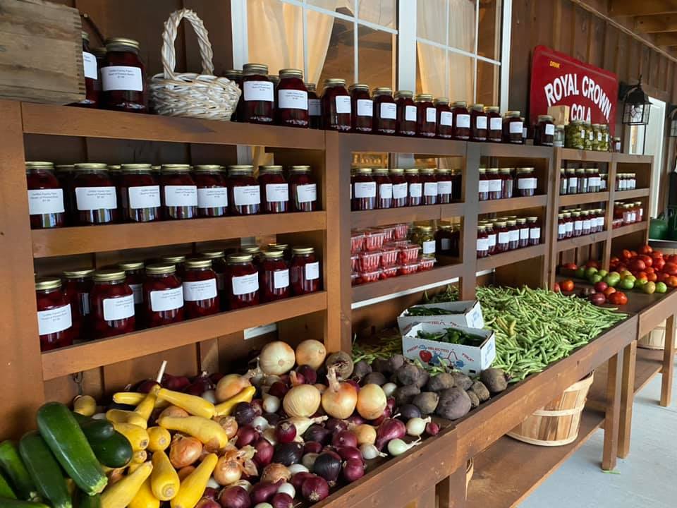 canned goods and produce on shelves