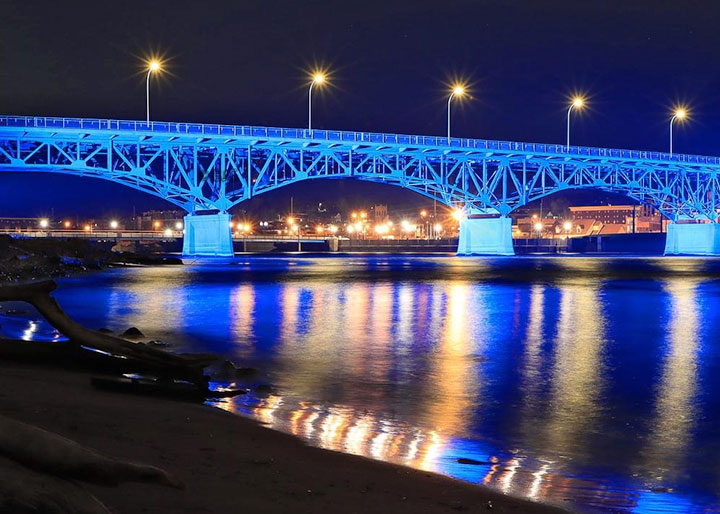The new LED lighting of historical Jefferson St. bridge was illuminated on 4/7/2020. Funded by a grant from Alliant Energy’s Hometown Rewards program.