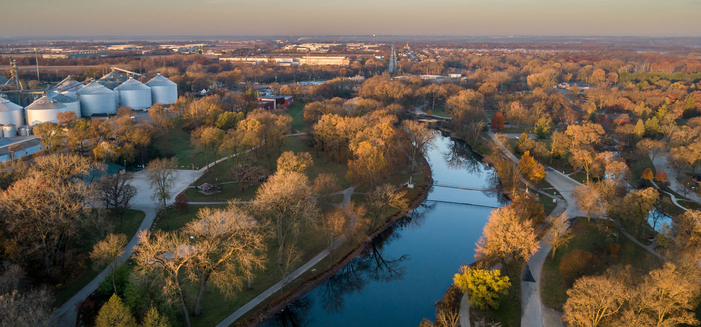 aerial view of park and river