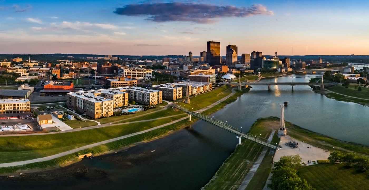 aerial view of the river and Montgomery, OH