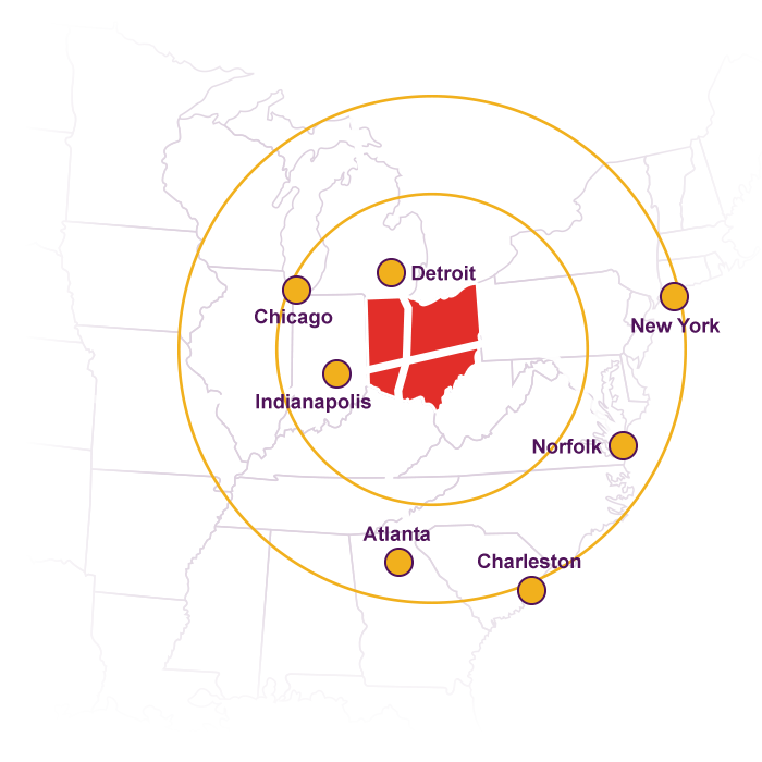 Location map that showcases Montgomery, Ohio. List of cities located in a large radius are Detroit, Chicago, Indianapolis, Atlanta, Charleston, Norfolk, and New York.