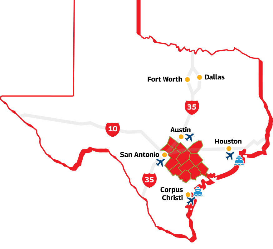 Image of Texas showcasing the Guadalupe Valley Electric Cooperative (GVEC) with San Antonio to the west, Corpus Christie to the south, Houston to the east, and Austin, Dallas, and Fort Worth to the north.