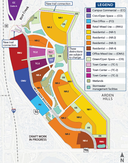 This land use map shows the zoning districts from the TCAAP Redevelopment Code (TRC) overlaid on the infrastructure plans for Rice Creek Boulevard.