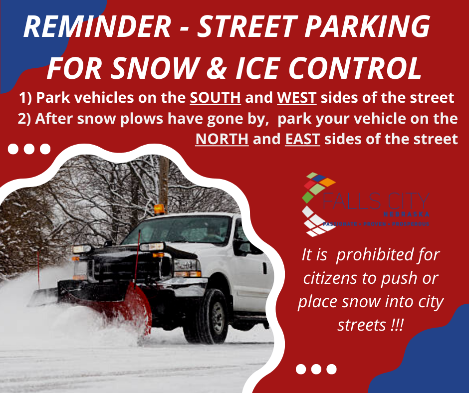 Street parking for snow & ice control - please park vehicles on the south or west sides of the street and move vehicles to the north or east sides once snow plows have gone thru! Article Photo