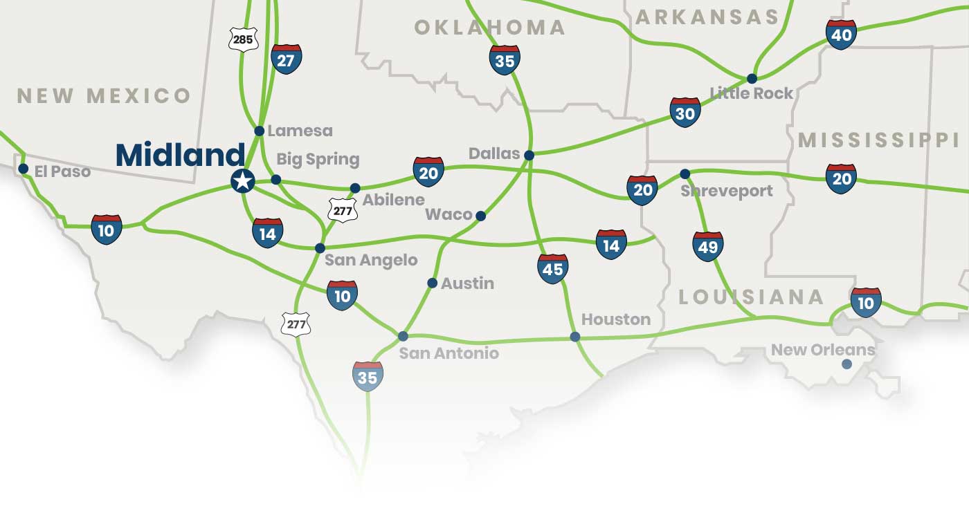 map showing Midland,TX within the southern United States