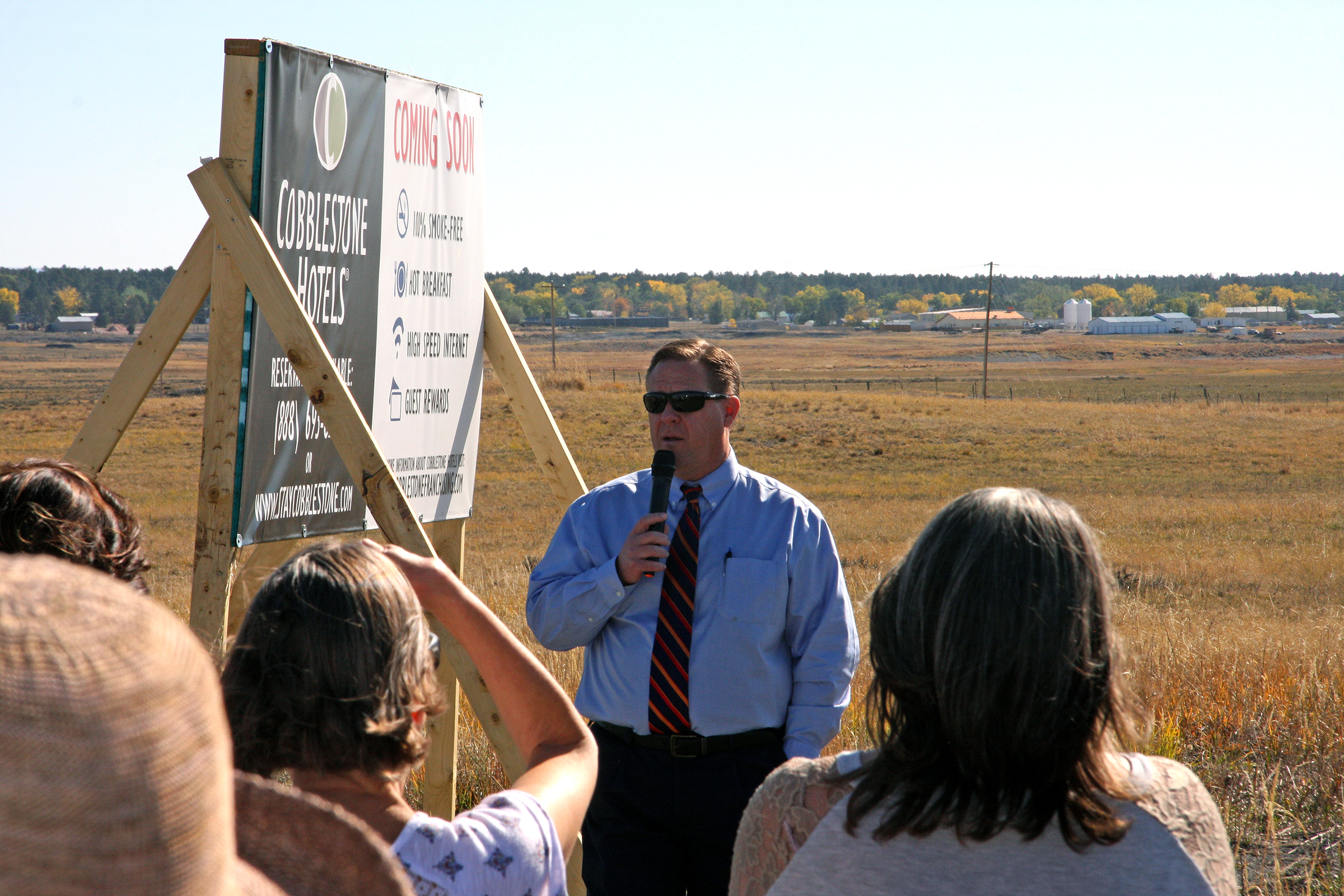 UEDB Board member Clark Coberly, addresses the importance of bringing a commercial development project like Cobblestone Inn & Suites to Upton during the ceremonial groundbreaking Tuesday, October 5. 