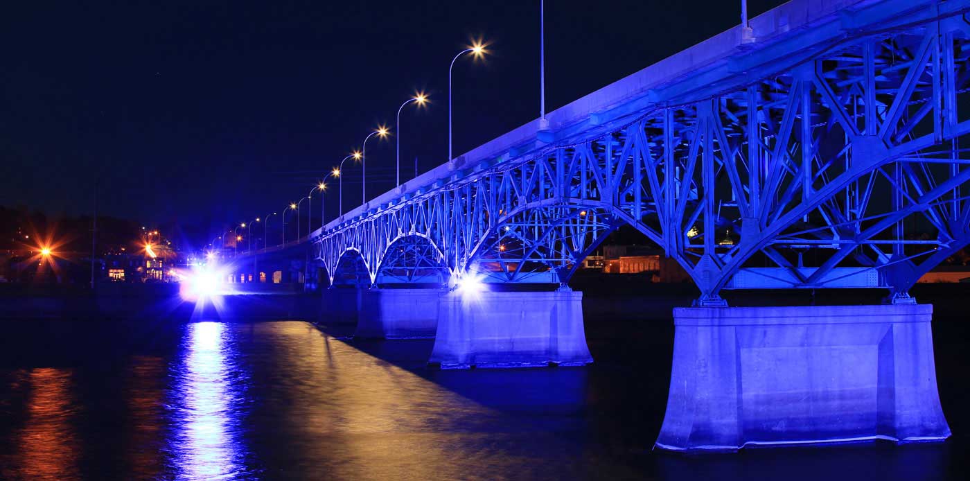 LIghts at night on the bridge over the river, Ottumwa, IA