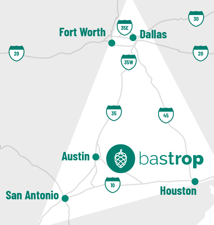 Texas map showing Forth Worth, Dallas, Austin, San Antonio, and Houston locations with Bastrop in the center.