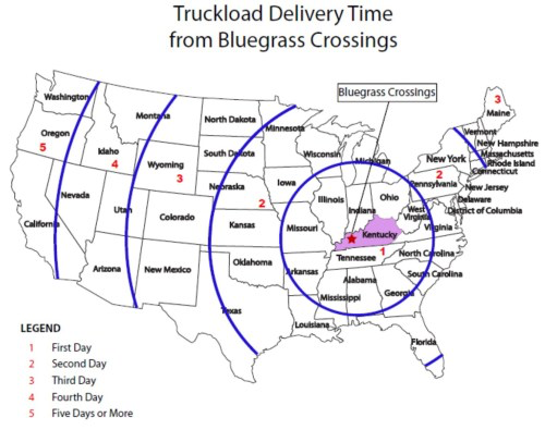truckload delivery time from Bluegrass Crossings