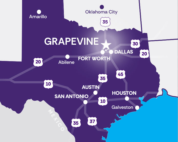 Texas map showing Grapevine and major transportation routes