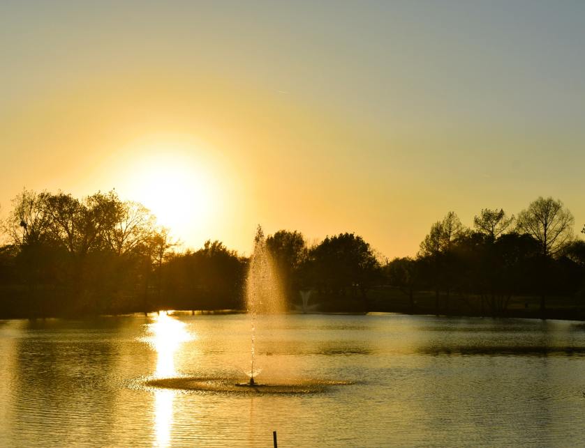 pond with a fountain at sunset