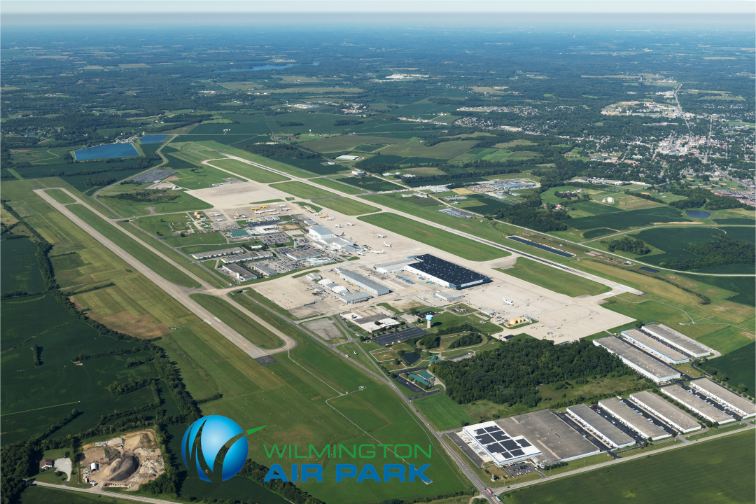 Aerial photo of the Wilmington Air Park with the logo in the foreground
