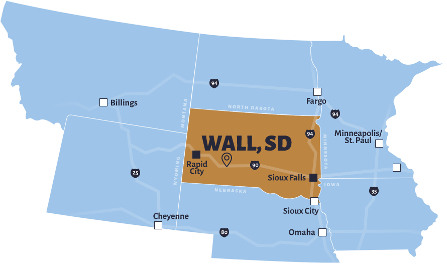 Outline of United States with Wall, South Dakota highlighted