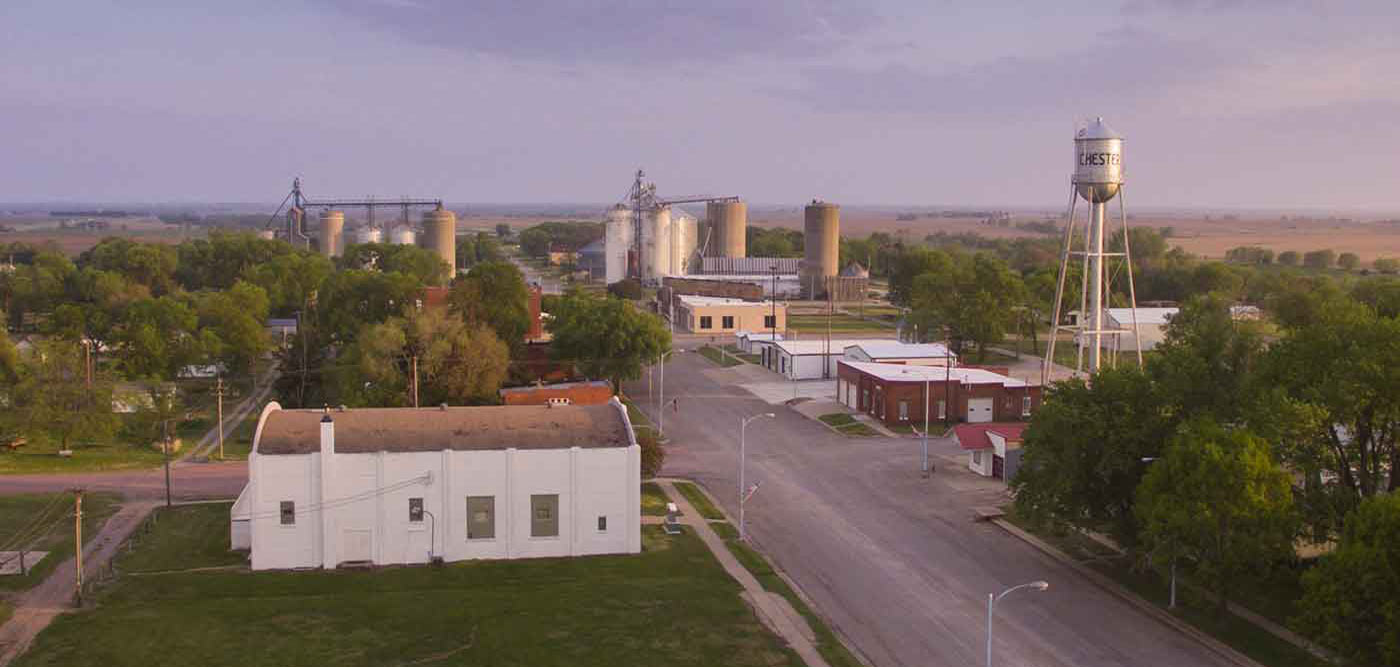 Aerial view of business district in Thayer County, NE