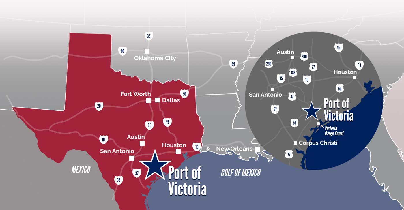 Port of Victoria map that shows the state of Texas and the greater region.