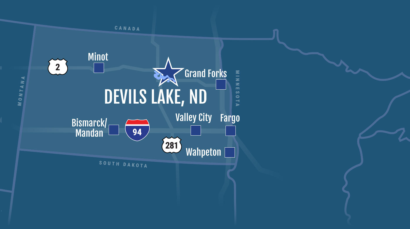 Partial USA map of Devils Lake, North Dakota