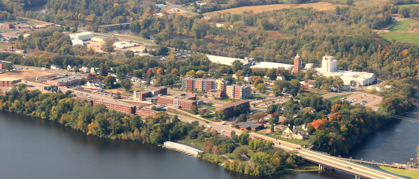 Aerial view of downtown Menomonie, WI