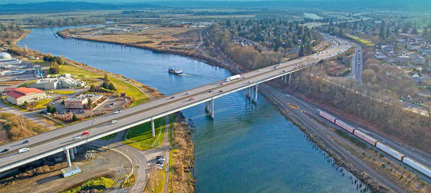 aerial view of cars crossing a bridge