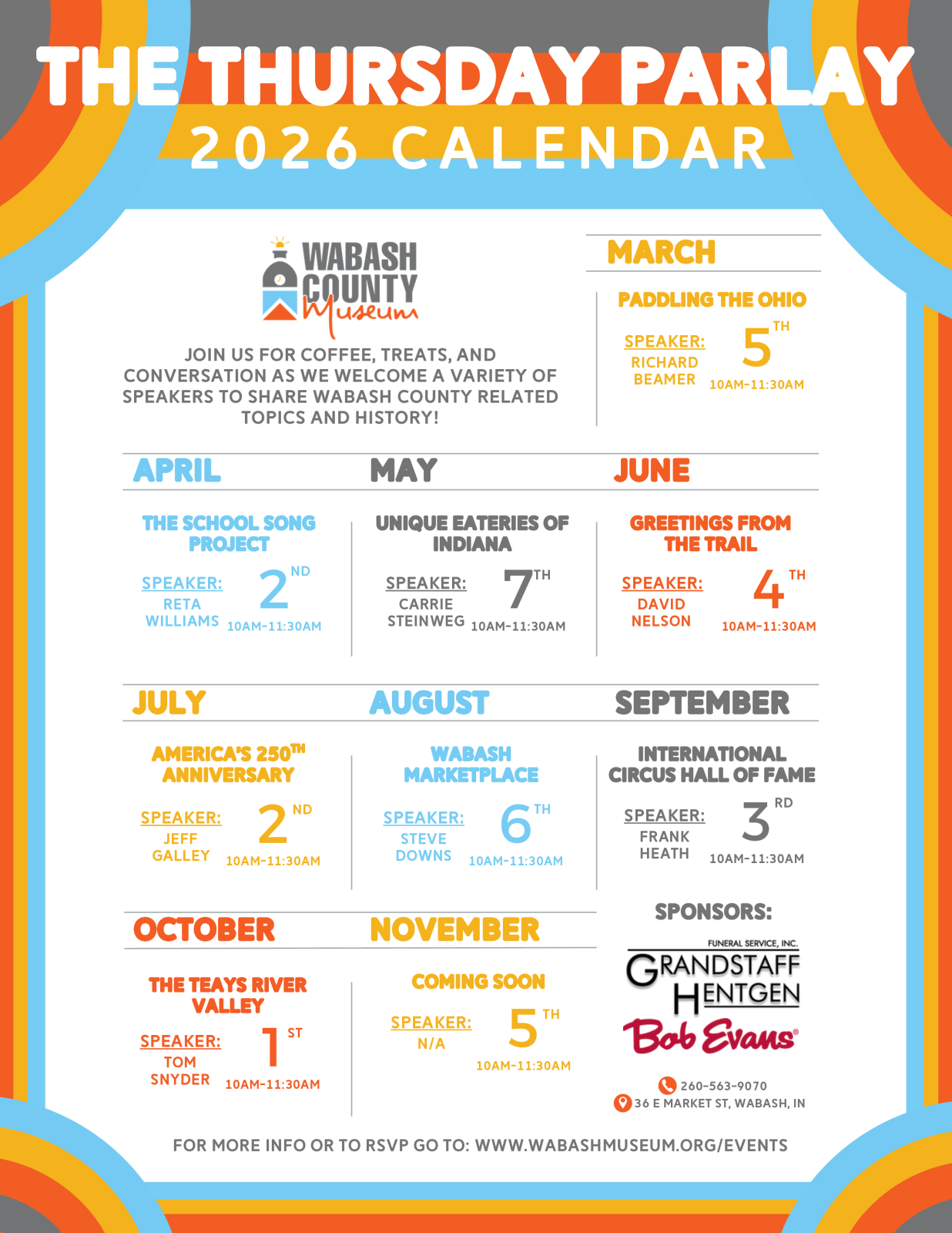 Wabash County Museum Announces Spring Lineup for Thursday Parlay Speakers Series main photo