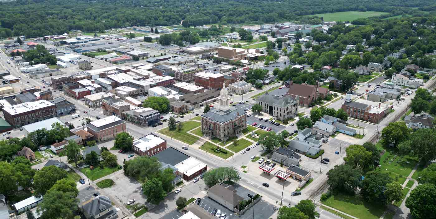 aerial of courthouse in Wabash County, IN