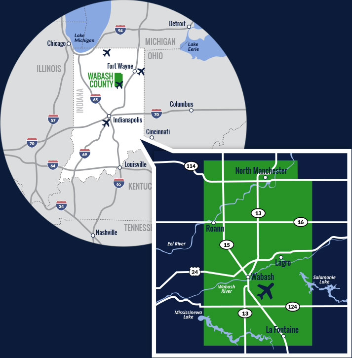 national and regional maps of major transportation access to Wabash County, Indiana