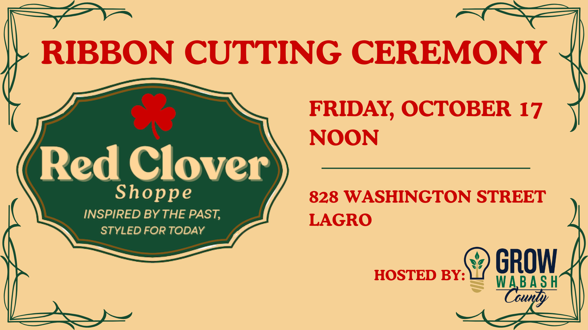 Click the Red Clover Shoppe to open doors in downtown Lagro slide photo to open