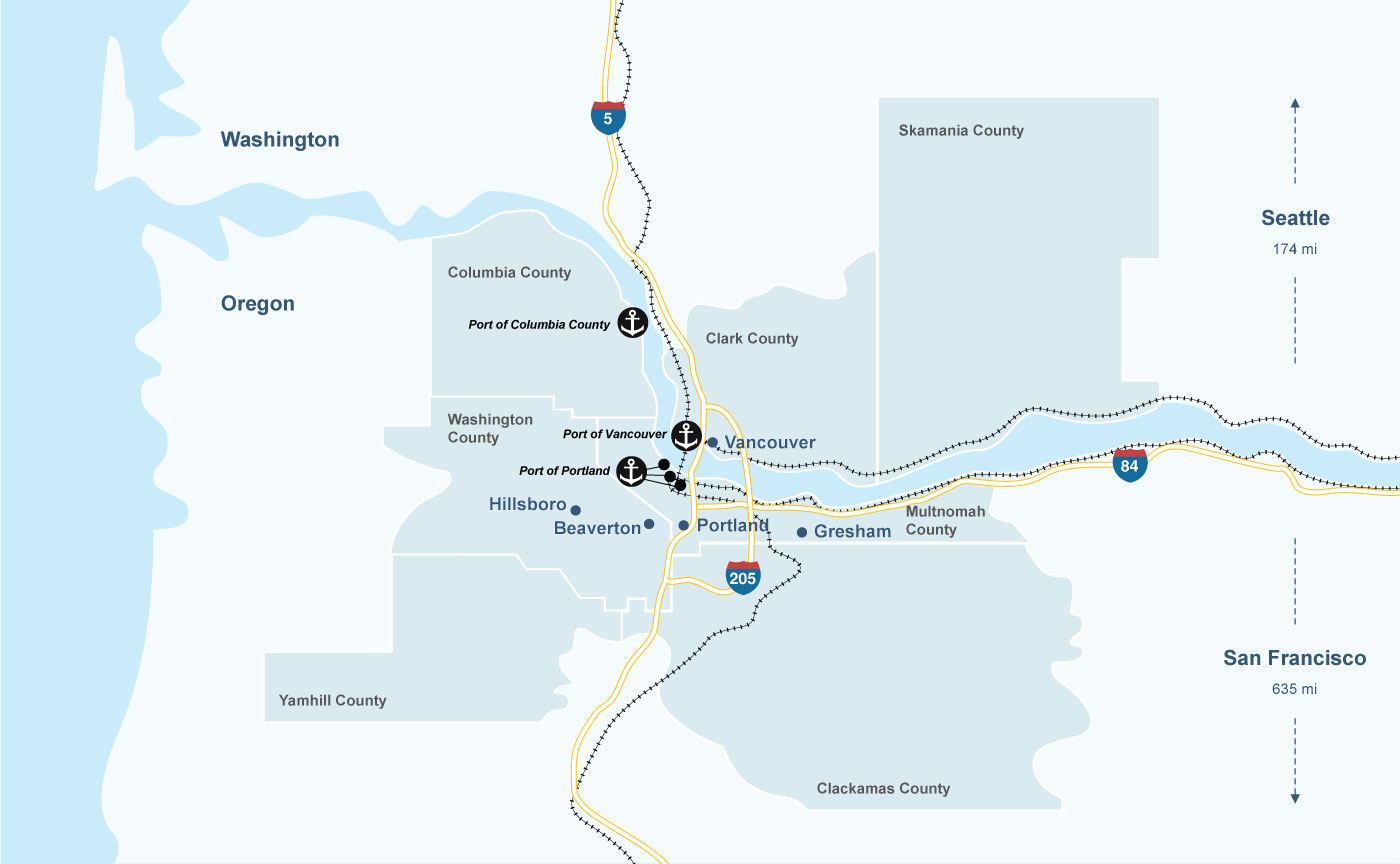 Map of Greater Portland region’s seven counties and infrastructure