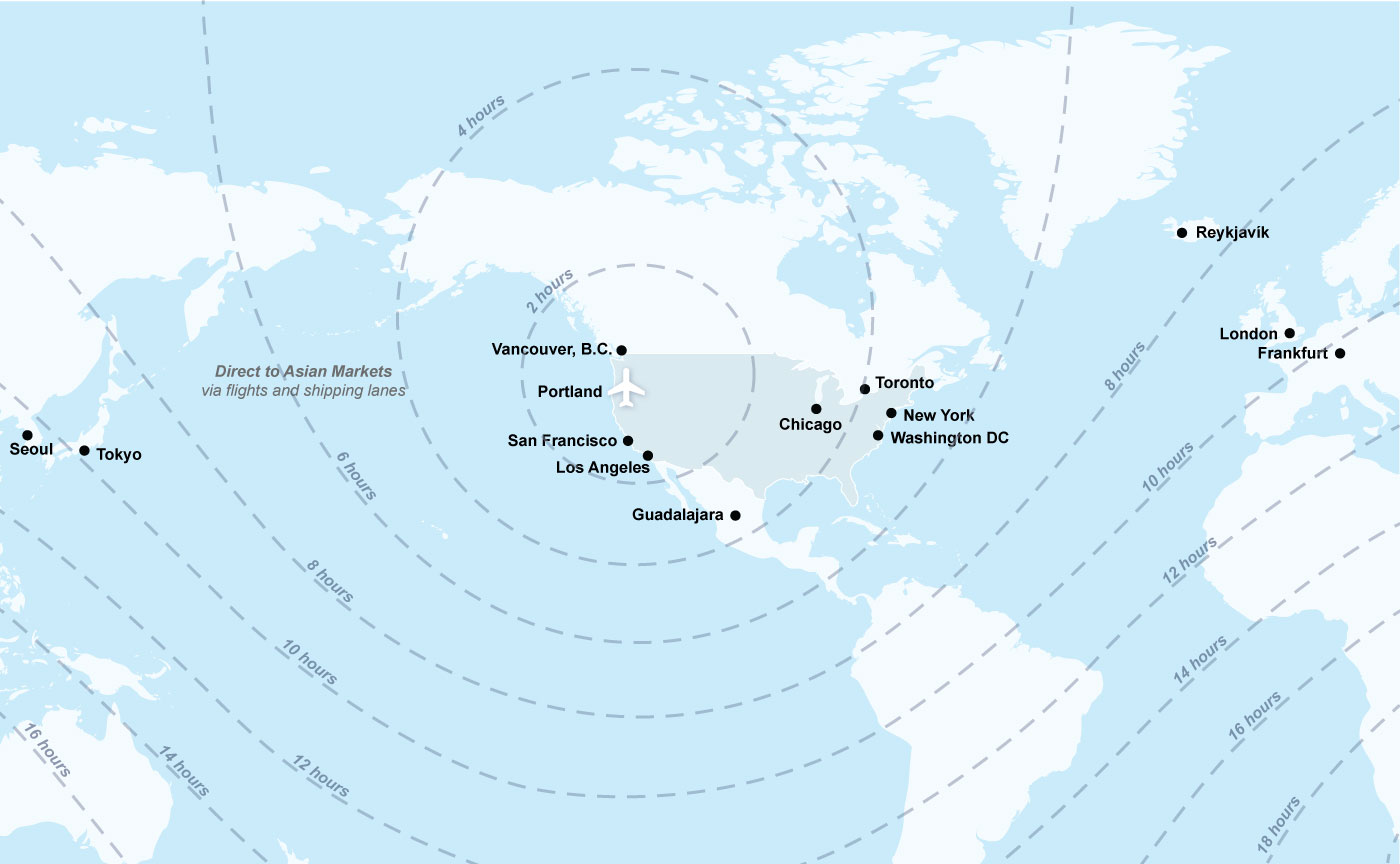 Map of approximate direct flight times from Greater Portland to the rest of the world.
