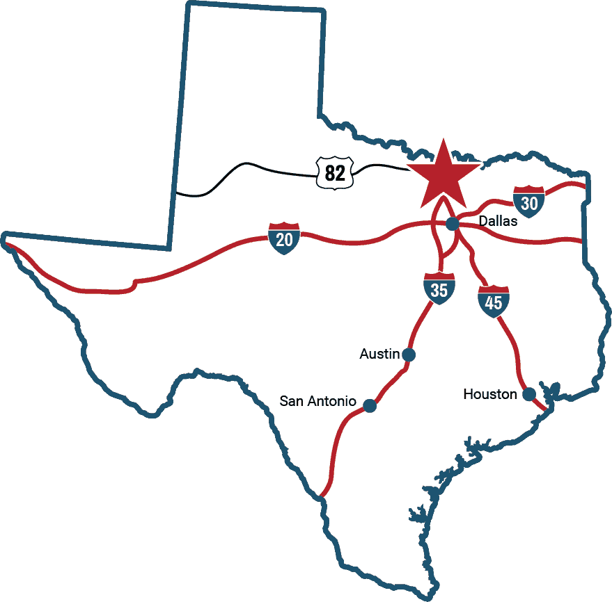 Texas map showing Gainesville location near Oklahoma border