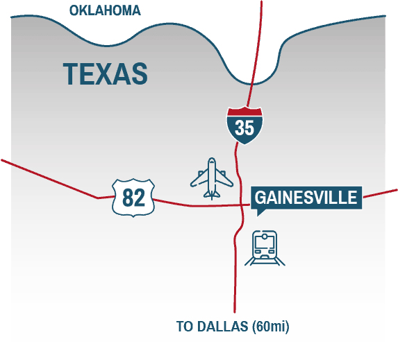 Gainesville Texas map showing airport and rail access