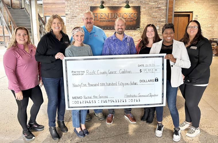 Hendricks Commercial Properties recently donated a check for more than $$95,000 to the Rock County Cancer Coalition. The money was raised during the Rockin’ the Greens golf outing held at the Beloit Club. Shown in the photo are Julia Jorgensen (RCCC), L