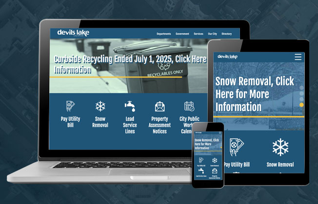 Devils Lake, ND website homepage shown on multiple screen sizes