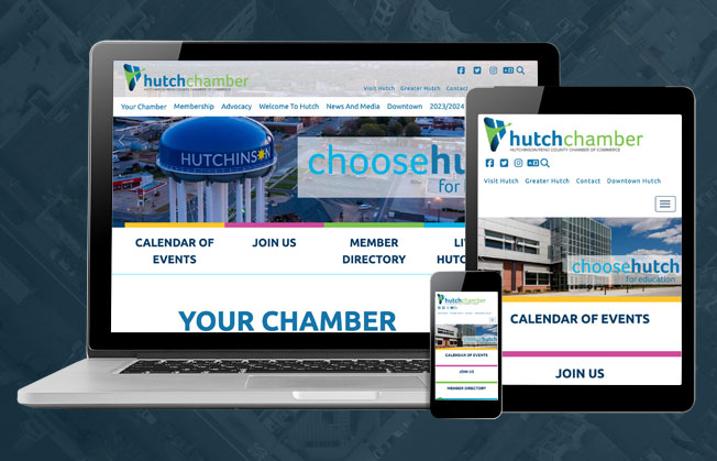 Hutchinson/Reno County (KS) Chamber of Commerce website homepage shown on multiple screen sizes
