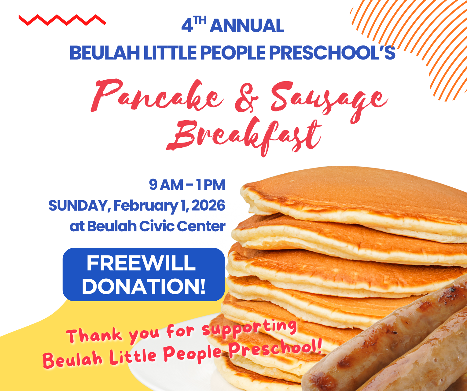 Event Promo Photo For Annual Pancake and Sausage Breakfast (Fundraiser for Beulah Little People Preschool)