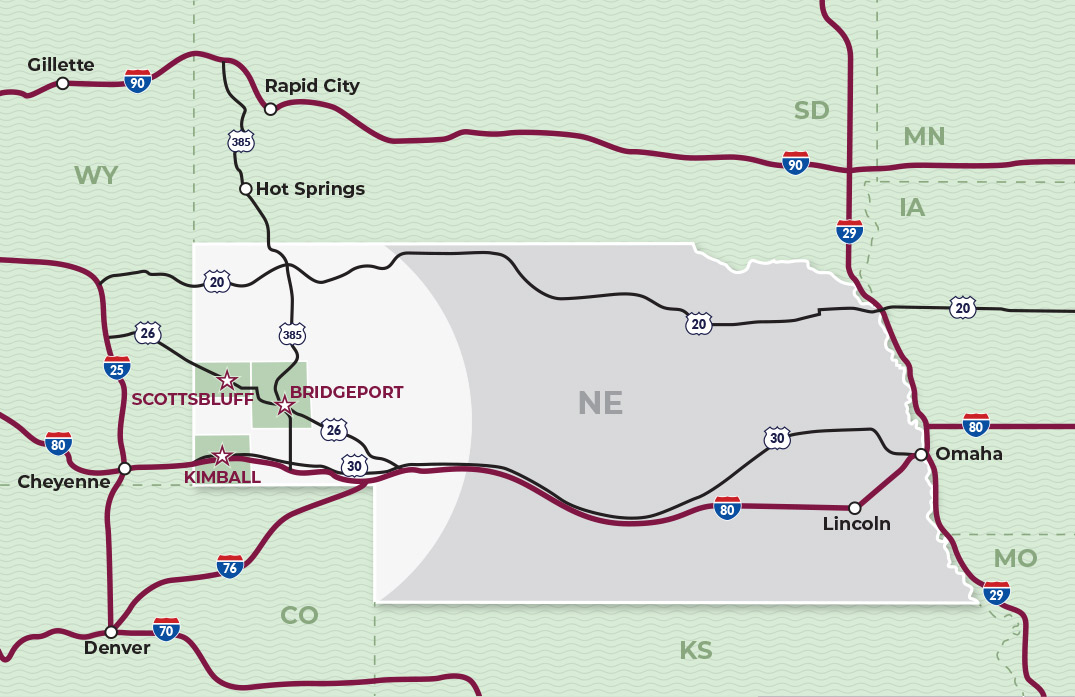 Map showing location of Scottsbluff, NE