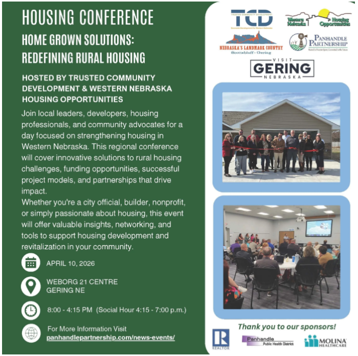 The 'Home Grown Solutions: Redefining Rural Housing' conference will take place on April 10, 2026, at the Weborg 21 Centre in Gering, Nebraska. Hosted by Trusted Community Development and Western Nebraska Housing Opportunities, this regional event focuses on rural housing solutions, financing, and community development, targeting local leaders, developers, and housing professionals.