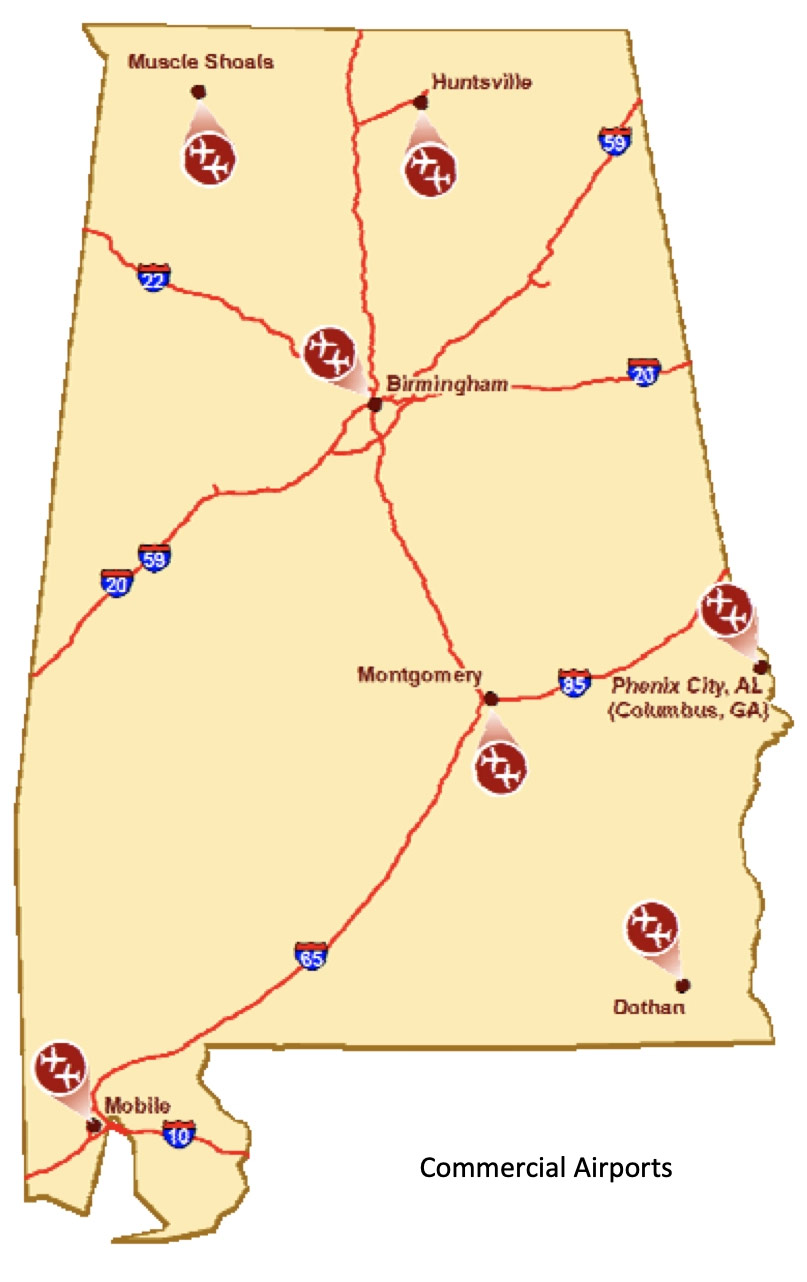 Map showing locations of Alabama airports
