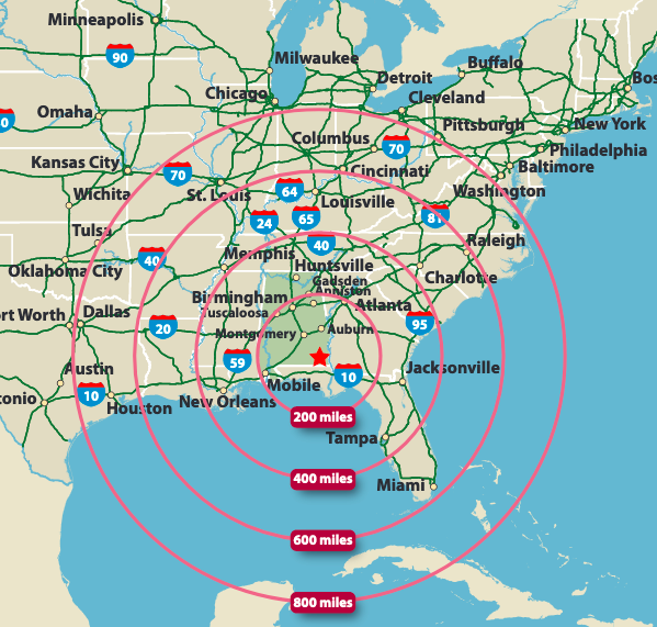 Map showing Ozark-Dale County's ideal location