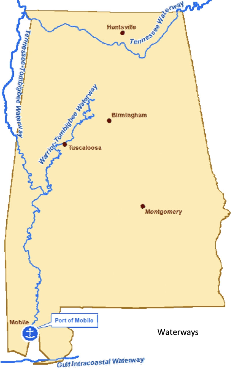 Map showing waterways and major port of Alabama