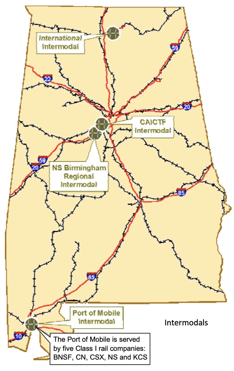 Map showing railroad lines throughout Alabama