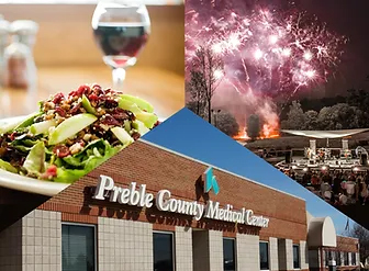 triad image: wine and salad, fireworks, preble county medical center building sign