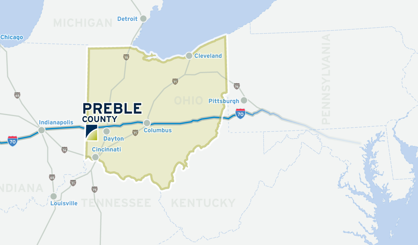 regional map showing Preble County, Ohio
