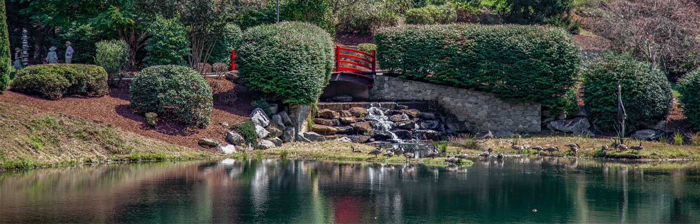 Broyhill Walking Park waterfall and bridge