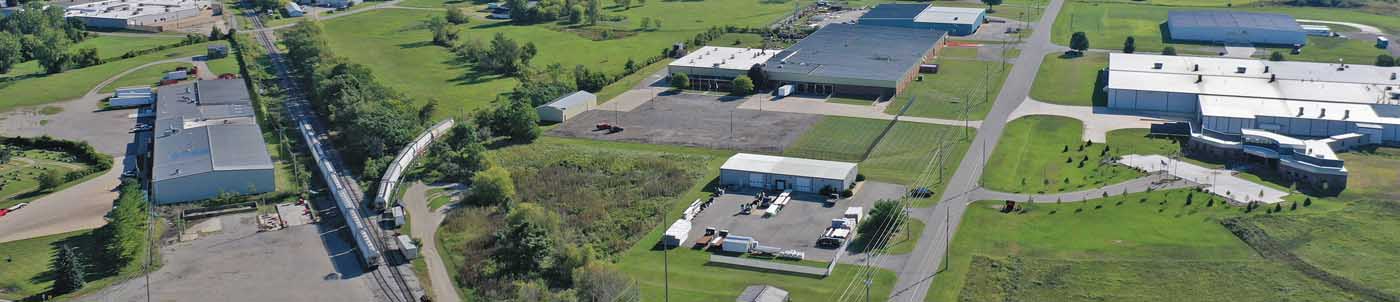 aerial view of roads, railroad and warehouses