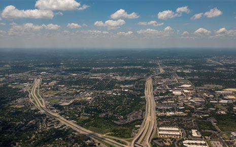 aerial view of highway system heading into Austin, TX