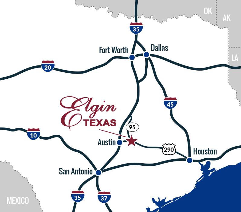 Elgin Texas location map. To the west is Austin, east is Houston, north is Forth Worth/Dalls, and southwest is San Antonio