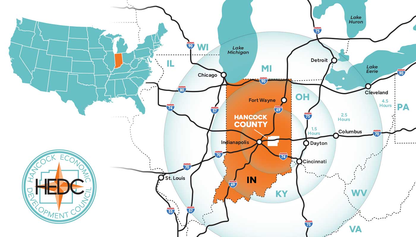Location map of Hancock County, Indiana. Showing the Midwest with Indiana as the highlight with an orange background color while Hancock county is highlighted white. Has the United States of America map on the upper left hand corner with our logo at the bottom left hand corner.