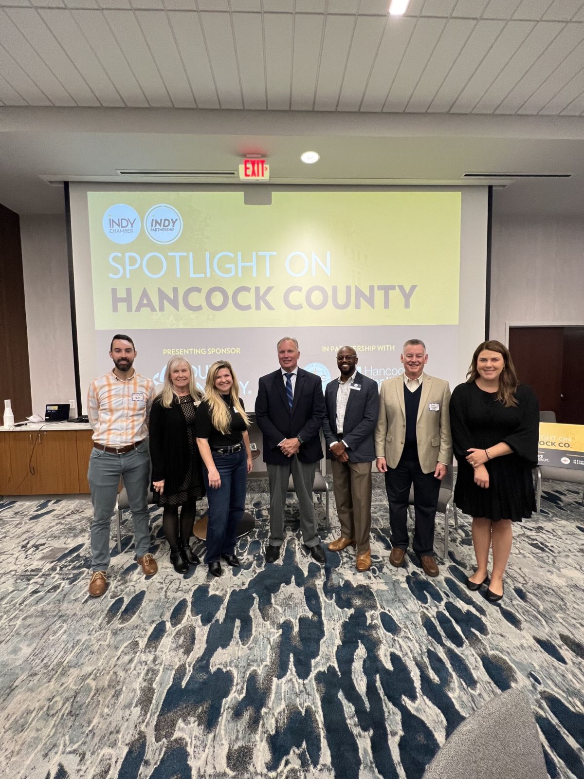 From left: Mitchell Kirk of the Hancock Economic Development Council, Connie Schmidt of the HEDC, Erica Boswell of the HEDC, Hancock County Commissioners President Bill Spalding, Marlon Webb of Indy Chamber, Randy Sorrell of the HEDC, and Haley Tomlinson