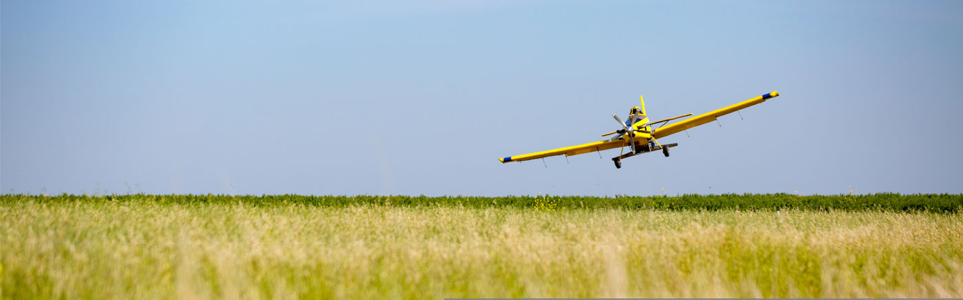 Airplane flying low over a field