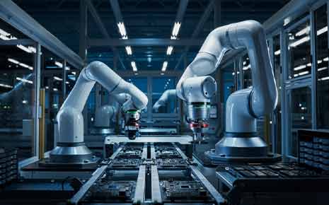 robot arms on fully automated pcb assembly line